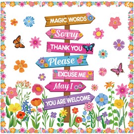 Epakh Flower Bulletin Board Decorations Set Flower Sign Post Classroom Decor Floral Butterfly Accents Cutouts with Borders for Door Wall Back to School Party Supplies