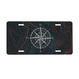 KOSUES Compass Colorful Topographic Map Aluminum License Plate 6 x 12 Inch Metal Car Front License Plate Cover Car Decor Accessory Novelty Vanity Decoration Tag with 4 Holes Gift for Men Women