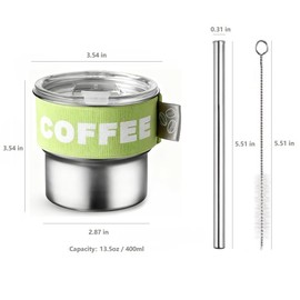 ERCRYSTO Stainless Steel Coffee Tumbler with Leak-Proof Lid - 13.5oz Portable Cup with Reusable Straw, Nylon Grip Band & Brush, Multi-Use Lid for Sipping or Straw (Green)