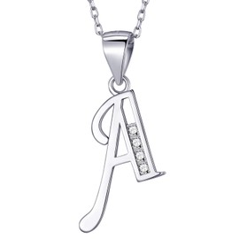 MASADA 925 Silver Letter Necklace - Initial Pendant with Cubic Zirconia Stones - 18" Chain with Velvet Pouch, Sterling Silver, Cubic Zirconia