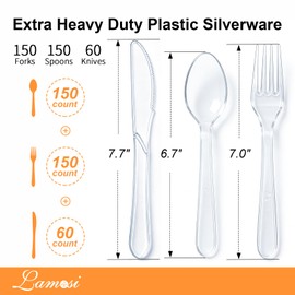 Lamosi 360 Count Extra Heavy Duty Clear Plastic Silverware Set, 150 Forks, 150 Spoons, 60 Knives, Disposable Plastic Utensils Set, BPA-Free, Heat Resistant for Weddings, Parties & Events