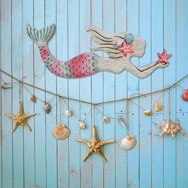 Aecipl Nautical Decor Wood Hanging Mermaid Wall Art Coastal Decorations Distressed Mermaid Sculpture Indoor Outdoor Ocean Beach Themed Decor for Bathroom Patio Swimming Pool (A)
