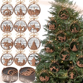 Quzzil 24 Pack Wooden Nativity Scene Ornaments - Christmas Gifts with Religious Catholic Themes, Jesus Ornaments for Tree