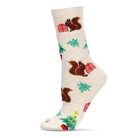 MeMoi Women's Festive Squirrel Crew Socks Oatmeal Heather 9-11