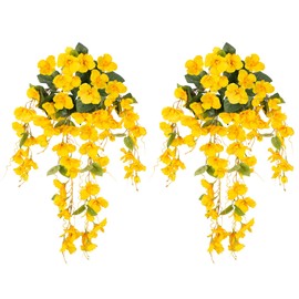 Fake Hibiscus Artificial Hanging Flowers Plants for Outdoors Spring Decoration, 2pcs Silk Hibiscus Vines Realistic UV Resistant Yellow Faux Flowers for Outside Planter Porch Patio Yard Wedding Party