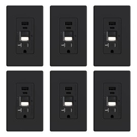 ELEGRP GFCI Outlet with USB Ports and Nightlight, 20 Amp Self-Test GFCI Combination with USB Ports, Tamper Resistant GFCI USB Outlet w/Nightlight, Wall Plate Included, UL Listed, Matte Black, 6 Pack