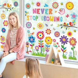 wondever Spring Summer Kids Colorful Flower Window Clings Birds Floral Glass Sticker Decal Anti Collision Double-Side Static Window Stickers for Kids Holiday Window Glass