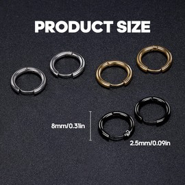 3 Pairs Stainless Steel Hoop Earrings for Men and Women - Small 8 mm in Black, Silver and Gold