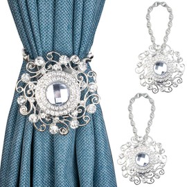 2PCS Curtain Tiebacks Clips Buckle Strong Magnetic Holdbacks Holders,Shining Artificial Diamonds Crystal with Stretchable Spring Wire Rope for Home Decoration,Silver