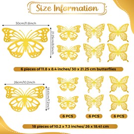 Yeaqee 24 Pcs Large Butterfly Party Decoration 3D Butterflies Wall Decor Set 2 Sizes 3 Styles Large Stickers for Birthday Baby Shower Nursery Bedroom Wedding Decor Cutouts(Golden, Classic Style)