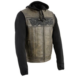 Milwaukee Leather MLM3561 Men's Leather Vest w/Removeable Hoodie- Distress Brown Reflective Skulls Motorcycle Vest - X-Large