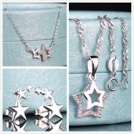 Yumilok Jewelry 925 Sterling Silver Cubic Zirconia Cute Stars Pendant Charm Necklace Bracelets Earring Crawler Jewelry Set for Women/Girls