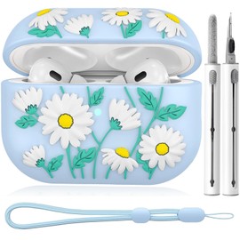 AIRSPO AirPods Pro 2nd Generation Case Cover with Cleaner Kit, Flower Engraved Case for AirPod Pro 2nd 1st Generation Charging Case with Lanyard (2023/2022), Blue