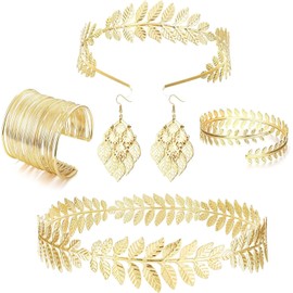 joonnair 5 Pieces Greek Goddess Costume Set for Women: Headpiece, Jewellery, Roman Goddess Headband, Fashion Jewellery Set with Leaves Design, Laurel Wreath for Bride Costume Wedding, 1, 1