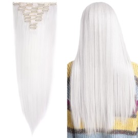 Silk-co 23" 8PCS Hairpiece Clip in Hair Extensions White 100% Synthetic Hair Piece Long Straight for Full Head
