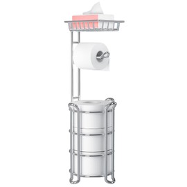 Toilet Paper Holder Stand with Shelf for Phone, Bathroom Free Standing Tissue Roll Storage Rack with Dispenser for 4 Mega Rolls, Chrome