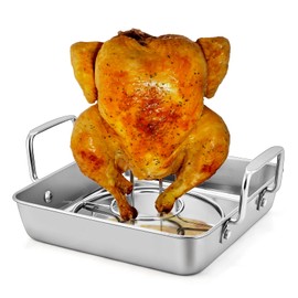 P&P CHEF Beer Can Chicken Holder with Roasting Pan Set, 9-inch Stainless Steel Square Baking Pan and Chicken Rack For Grilling, Heavy Duty & Dishwasher Safe, 2Pcs