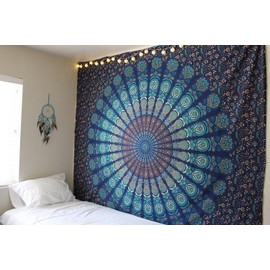 Indian hippie Bohemian Psychedelic Golden Blue Peacock Mandala Wall hanging Bedding Tapestry (Blue Green, Poster (30x40Inches)(76x101cms))