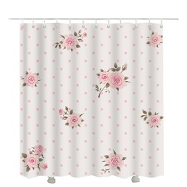 BLDKORUER Floral Polka Dot Background Shower Curtain Set Shabby Chic Style Pattern with Pink Roses Shower Curtain Cloth Fabric Bathroom Decor Set with Hooks 60x72 Inch