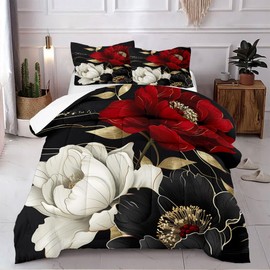 CCoutueChen Vintage Floral Comforter Set King Size Red Black White Botanical Flower Bedding Set 3 Piece Gold Leaf Bedding for Women Elegant Flowers Comforters Soft Down Alternative Comforter Sets