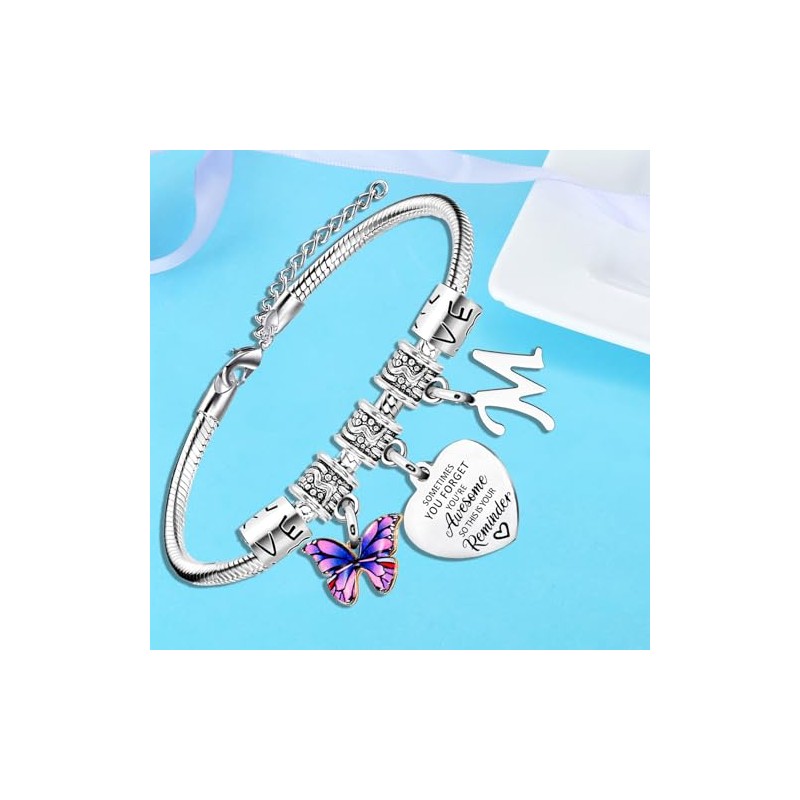 Inspirational Bracelet with Initial You Are Awesome Bracelet Butterfly Charm