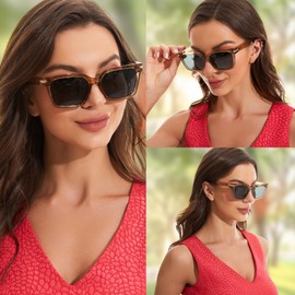 OUWEN 2 Pack Fashion Polarized Y2K Square Sunglasses Womens Mens, Trendy Colored Big Sun Glasses Red/Blue OW2234BD