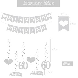 Elicola 60th Anniversary Decorations Diamond Wedding Banner Hanging Swirls Happy 60th Anniversary Bunting Backdrop for Party Decorations