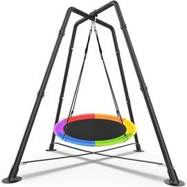 Swing Set with 35'' Saucer Swing, Sensory Swing Set, Metal Swing Stand with Saucer Swing, X-Shaped Swing Frame, Hammock Chair with Stand, w/4 Ground Stakes, for Indoor and Outdoor 330LBS (Multicolor)