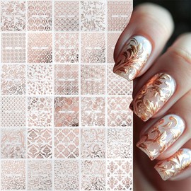 30 Sheets Rose Gold Nail Art Stickers 3D Self-Adhesive Flower Nail Decals Lace Hollow Floral Nail Sticker Luxury Nail Art Design for Women DIY Acrylic Nails Art Decoration