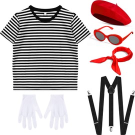 Zhanmai French Mime Artist Costume Set for Women Red Beret Sunglasses Neck Scarf Gloves Suspenders for Costume Party(L)