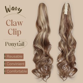 TESS 24 Inch Claw Clip Ponytail Hair Extensions Curly Wavy Ponytail Extension #Light Brown Mixed Ash Blonde Hair Extension for Women 150g