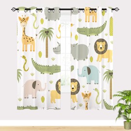 YUANZU Animal Curtains W29.5 x L65 Inch Grommet Thermal Insulated Blackout Window Drapes Safari Hippo Crocodile Lion Elephant Giraffe Woodland Zoo Pattern for Kids Boys Girls Nursery Bedroom 2 Panels