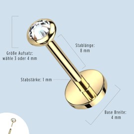 Stachelkleid Titan Labret Zirkonia Opal Push-In Piercing Ohr-Stecker Helix Tragus Lippenpiercing Medusa Nostril Silber/Regenbogen AB, 3 mm