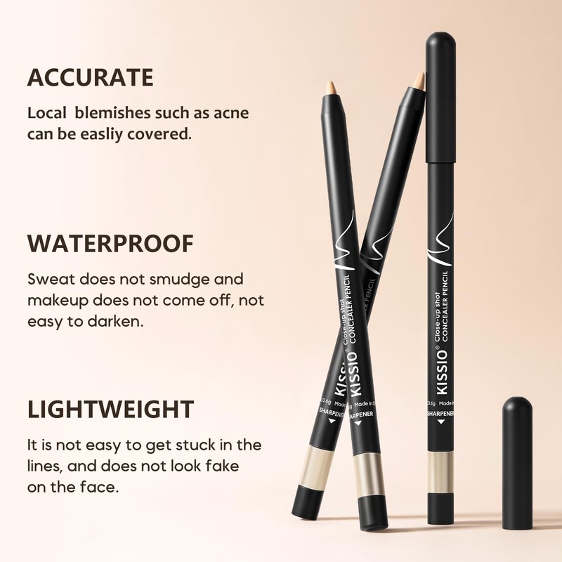 KISSIO Concealer Pencil,Under Eye Concealer,Cover Acne and Freckles,Brightener,Waterproof,Long-lasting,Cream,Makeup Pencil with