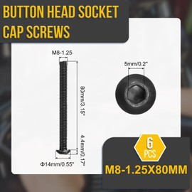 DTGN M8-1.25x80mm Button Head Socket Cap Screws - 6Pack - Good for Road Bicycle, Mountain Bike, Auto, Motorcycle - Carbon Steel Black Oxide - Hex Drive Fasteners