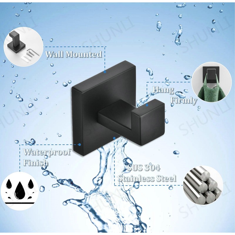 SHUNLI Black Towel Hook, Wall Hook, Clothes Hook, Heavy Duty