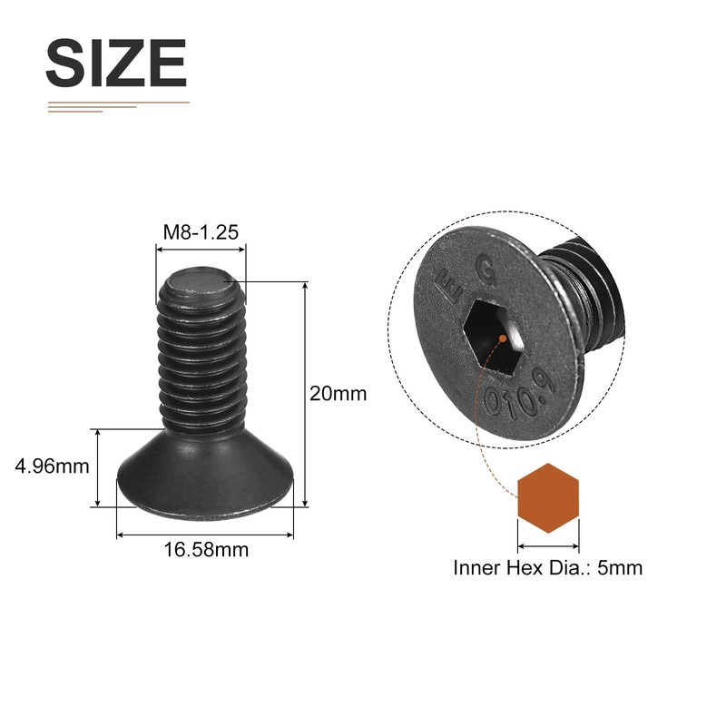DTGN M8-1.25x20mm Flat Head Socket Cap Screws, 20 Pack Hex