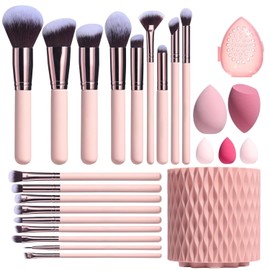 Brochas de Maquillaje Profesional 25 Piezas kit,Con 1 Soporte Para Brochas De Maquillaje,5 Puff Set Y 18 Piezas Brochas,Set de brochas cosméticas multifunction,Regalos de Navidad(Rosa)