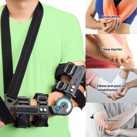 Hinged Elbow Brace with Hand Grip, Adjustable Post OP ROM Elbow Brace with Sling Stabilizer, for Arm Injury Recovery Support After Surgery Fracture Rehabilitation, Left