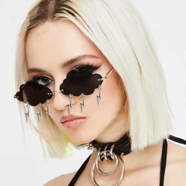 Fumanduo Pack of 2 Cloud Sunglasses, Rimless Sunglasses with 2 Glasses Bags + 2 Glasses Cloths, Irregular Disco Glasses, Flash Tassel, Women Sunglasses for Party, Beach (Grey Blu-Pink), multicoloured