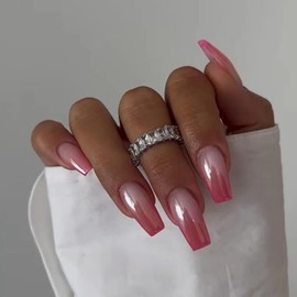 ANDGING Coffin Press on Nails Ombre Pink Short Medium Fake Nails for Women Square Fake Nails with Classy Designs Aesthetic Full Cover stick on nail for Wedding Gel Acrylic Manicure False Nails