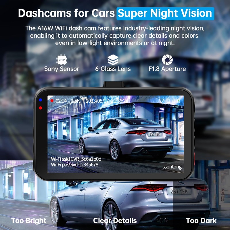 Dash Cam Front and Rear, Dashcam WiFi/APP Control Car Camera