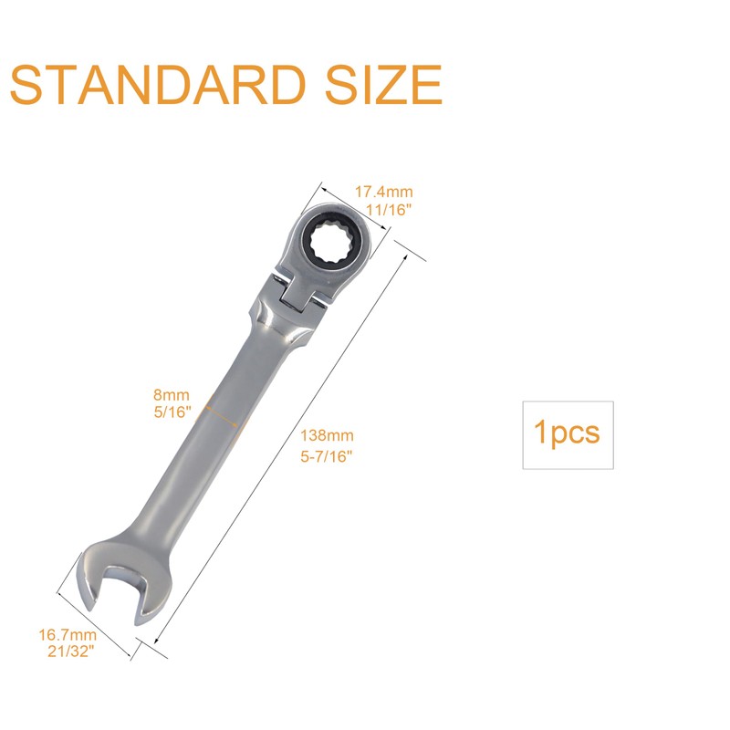 cSeao 7mm Flex-Head Ratcheting Combination Wrench 72-Teeth, Cr-V Constructed, Chrome