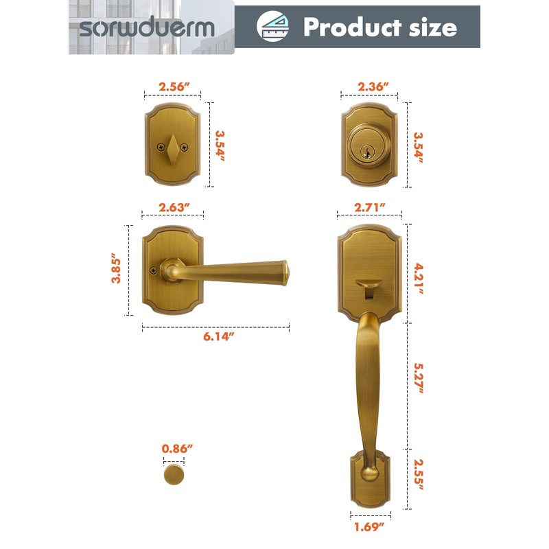 SORWDUERM 1 Pack Antique Brass Front Door Handle and Deadbolt