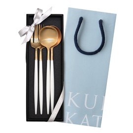 Cutipol GOA White/Matte Gold Dinner (2 Forks & Spoons) 4 Piece Gift Set with Gift Box, Genuine Ribbon Hanging, Handbag, Wedding Gift, Gift