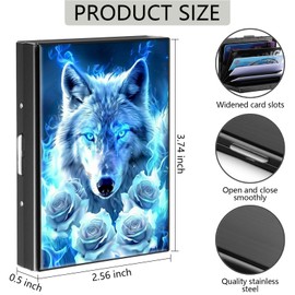 DHYYDSQZ Credit Card Holder, White Wolf Roses Design Mini RFID Blocking Aluminum Wallet Slim Metal Hard Case Shell Travel Wallet ID Case Small Credit Cards Case Business Cards for Women Men Girls