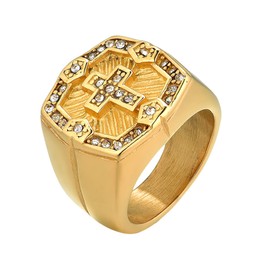 JewelryWe Mens Ring Gold Plated Stainless Steel Rhinestone Cross Prayer Rings, for Xmas