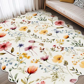 Drydiet Wildflower Rug Boho Floral Area Rugs 4'x6' Cute Sweet Scalloped Throw Rugs Aesthetic Colorful Soft Bedroom Carpet for Living Room Dining Playroom Nursery Family Indoor Dorm
