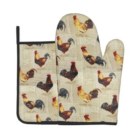 Rustic Rooster Oven Mitts and Pot Holder Set of 2 Farm Animal Print Heat Resistant Gloves Hot Pads for Kitchen Grilling Baking Cooking BBQ