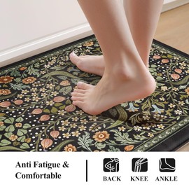 Collive Anti Fatigue Mats for Kitchen Floor, Cushioned Comfort Kitchen Rugs Sets of 2 Waterproof Non Skid Padded Sink Rugs, Boho Floral Rug Black Standing Mat for Office, Laundry